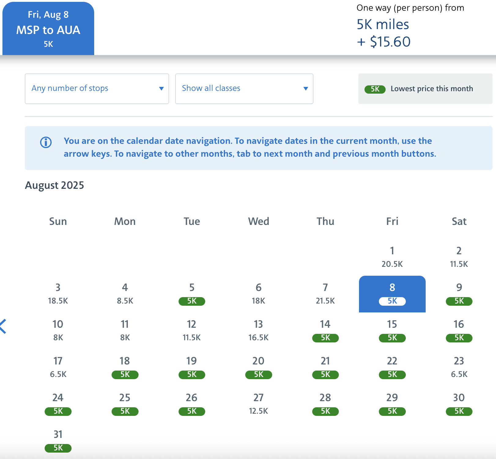 MSP-AUA American Airlines award calendar for August with several dates pricing out at 5,000 miles one way. 